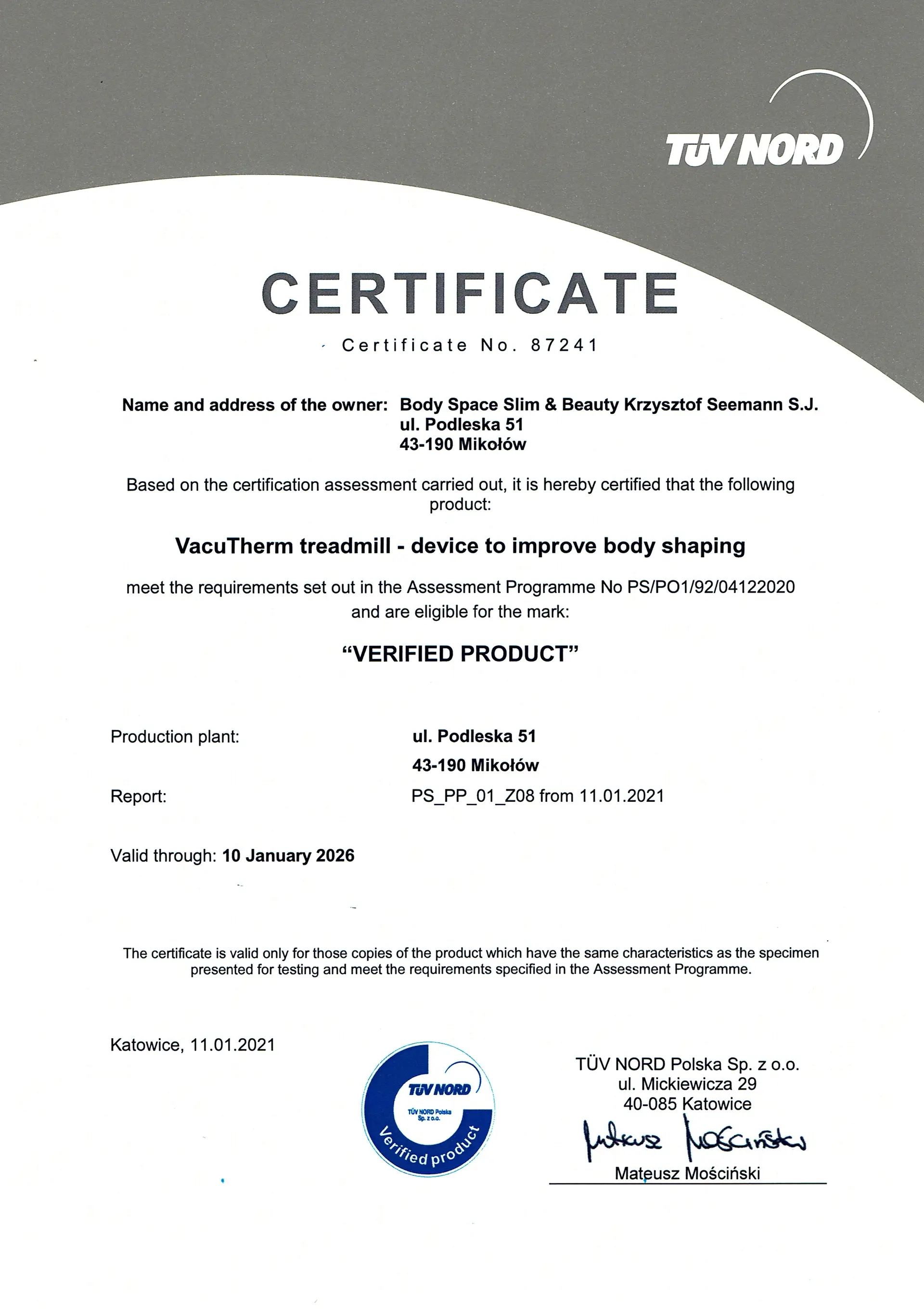 TÜV-Zertifikat VacuTherm Laufband